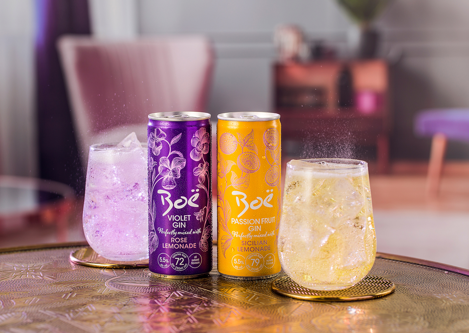 The new gin and lemonade cans from Boë Gin, featuring its Violet Gin and Rose Lemonade and its Passionfruit Gin and Sicilian Lemonade